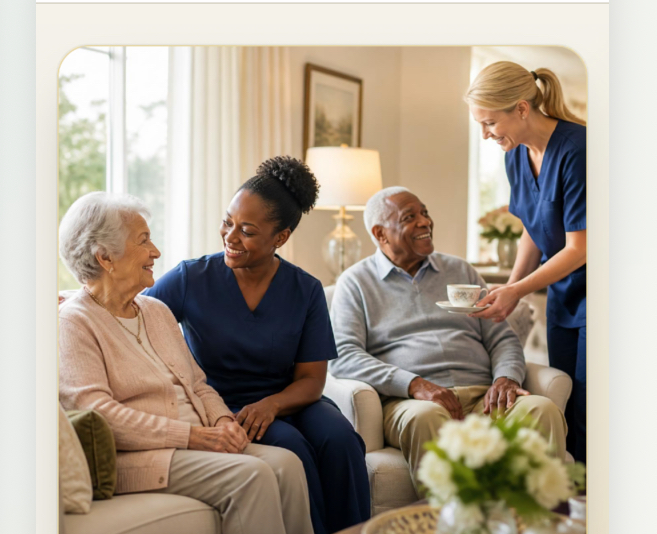 Compassionate caregivers caring for senior clients in a warm home